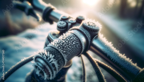 Frost-covered bicycle gears and chains close-up with sunrise in background. photo