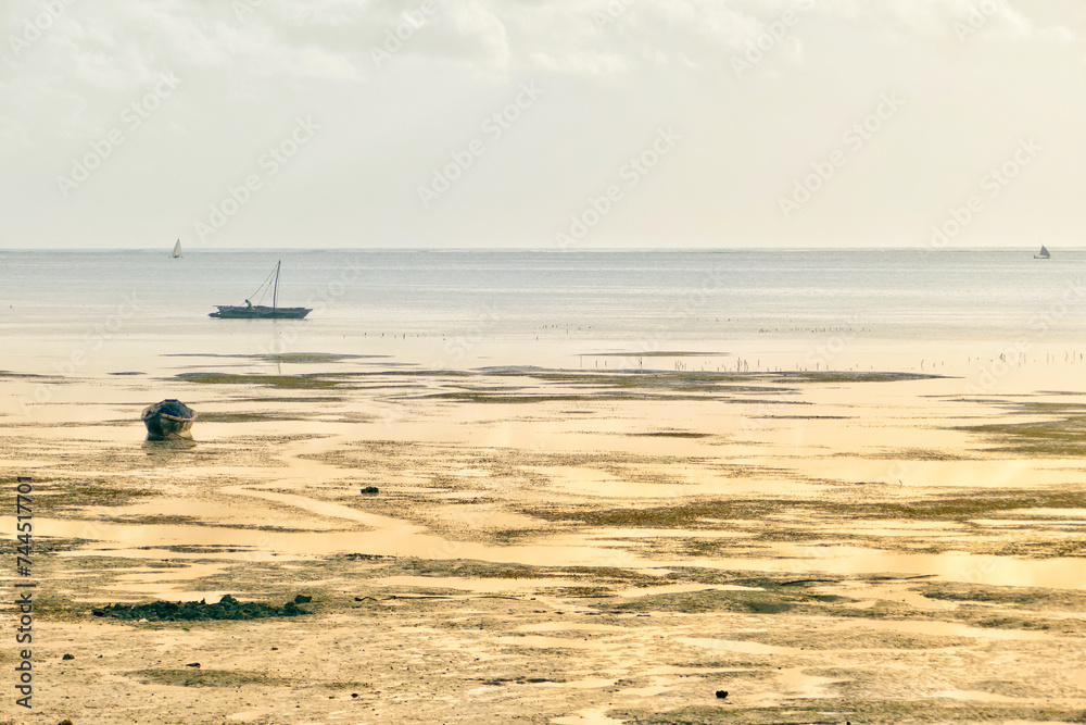 Scenic view of moored boats at Jambiani beach, Zanzibar