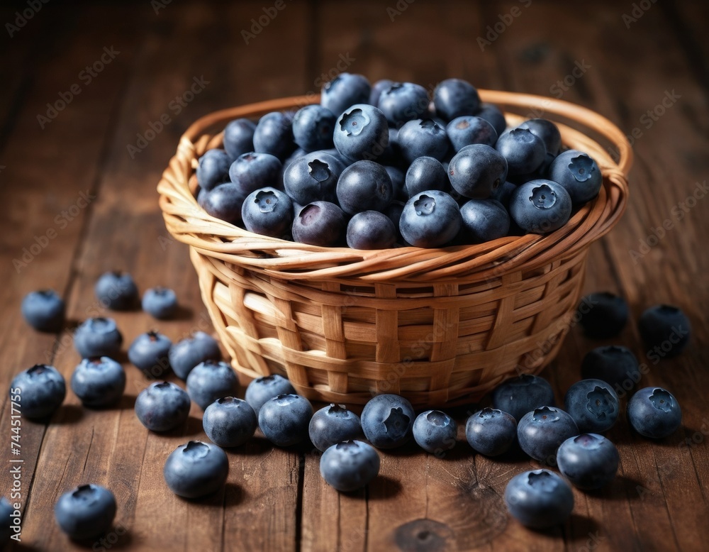 A small basket of blueberries on the table A small basket of blueberries on the table