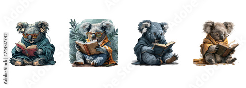 Koala as a vintage book collector, books, collecting, literature, vintage finds, reading passion, library curator, animal character vector illustration set