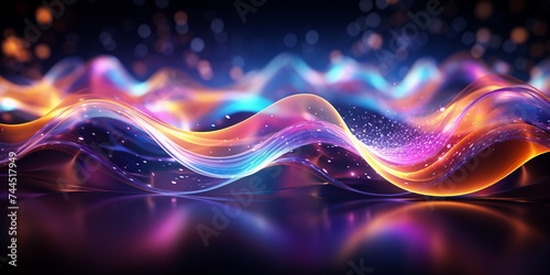 Abstract glowing waves and lighting particles with black background photo