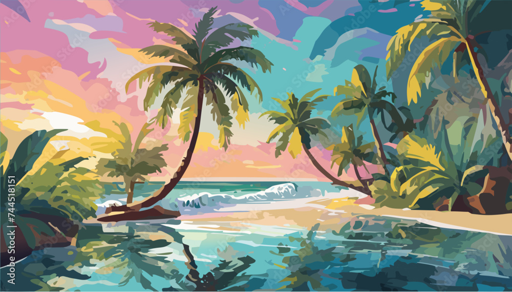 Fototapeta premium Tropical landscape with ocean and palm trees. Ai generated