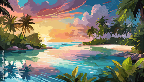 Tropical landscape with ocean and palm trees. Ai generated