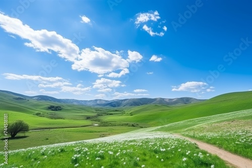 Nuclear power plant in a beautiful scenic landscape with lush fields and clear blue sky