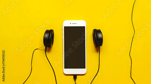 Close-up of smart phone with headphones on a yellow background