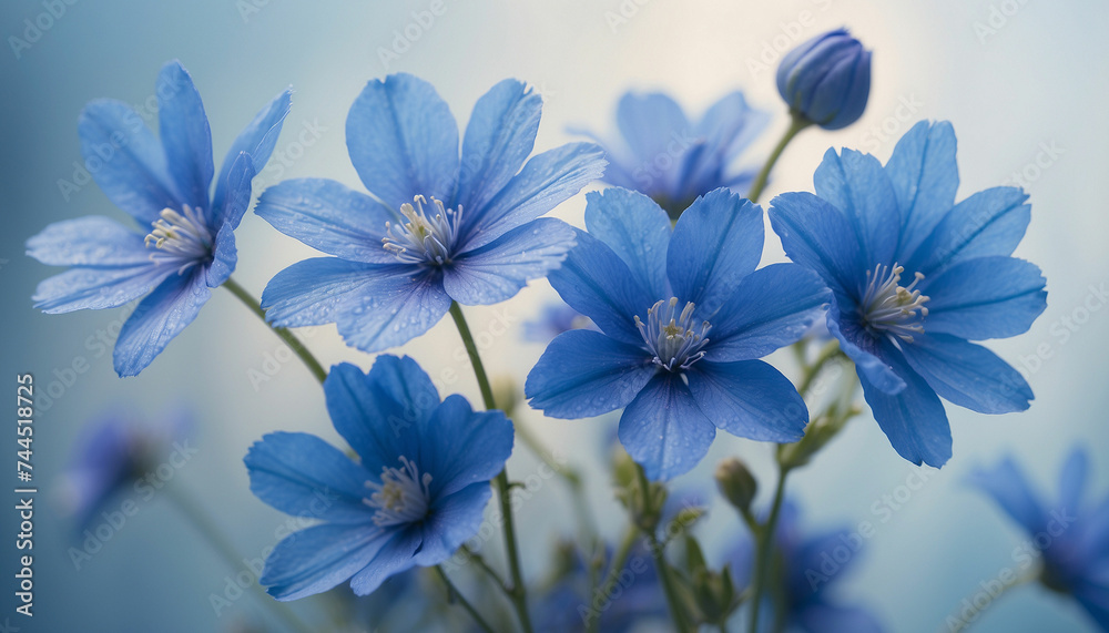 Fototapeta A bunch of blue flowers set against a soft textured background in varying shades of blue and the play of light and shadow creates an abstract design imbuing the image with a sense of mystery and calmn