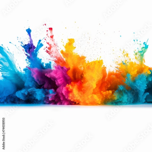 Vibrant rainbow holi paint color powder explosion isolated on white background - wide panorama image
