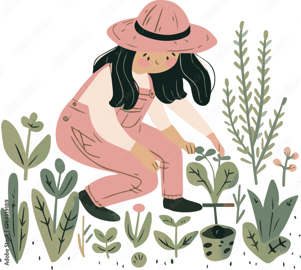 Flat vector illustration of a farmer girl with gardening tools and agricultural crops Flat vector illustration of a farmer girl with gardening tools and agricultural crops