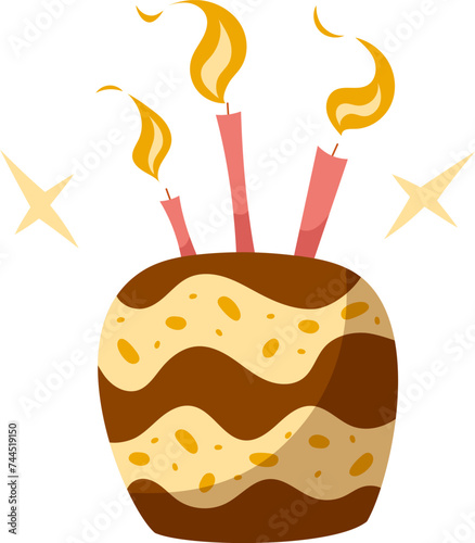 Hand draw sweet birthday cake with candles isolated on white background. Vector illustration. Pink.brown, orange colors.Doodle style. Celebration, party.Chocolate sponge cake