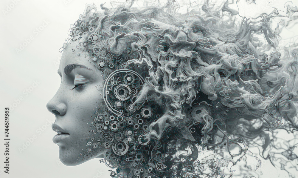 Artistic representation of a human profile with interlocking gears and cogs forming the brain, symbolizing innovation, creativity, and cognitive processes