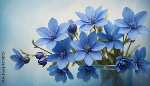 A bunch of blue flowers set against a soft textured background in varying shades of blue and the play of light and shadow creates an abstract design imbuing the image with a sense of mystery and calmn