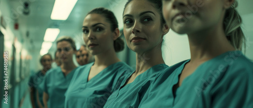 A team of focused healthcare professionals in scrubs lined up in a corridor.