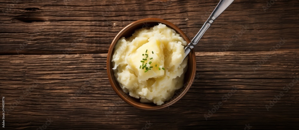 Mashed potatoes, boiled porridge in wooden bowl wooden table background Mashed potatoes, boiled porridge in wooden bowl wooden table background
