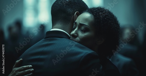 Embrace in the Darkness A Man in a Suit Hugs a Woman in a Black Dress in a Dimly Lit Room