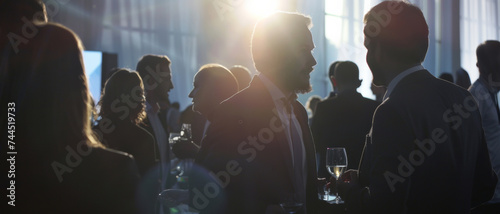 Silhouetted figures mingle with cocktails at a dimly lit, sophisticated event.
