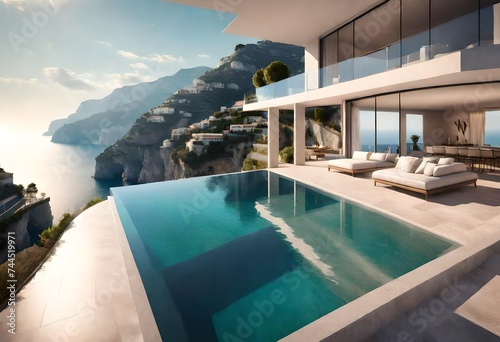 Luxurious villa nestled along the breathtaking Amalfi Coast of Italy  with panoramic views of the sparkling Mediterranean Sea and cliffside terraces. AI generated