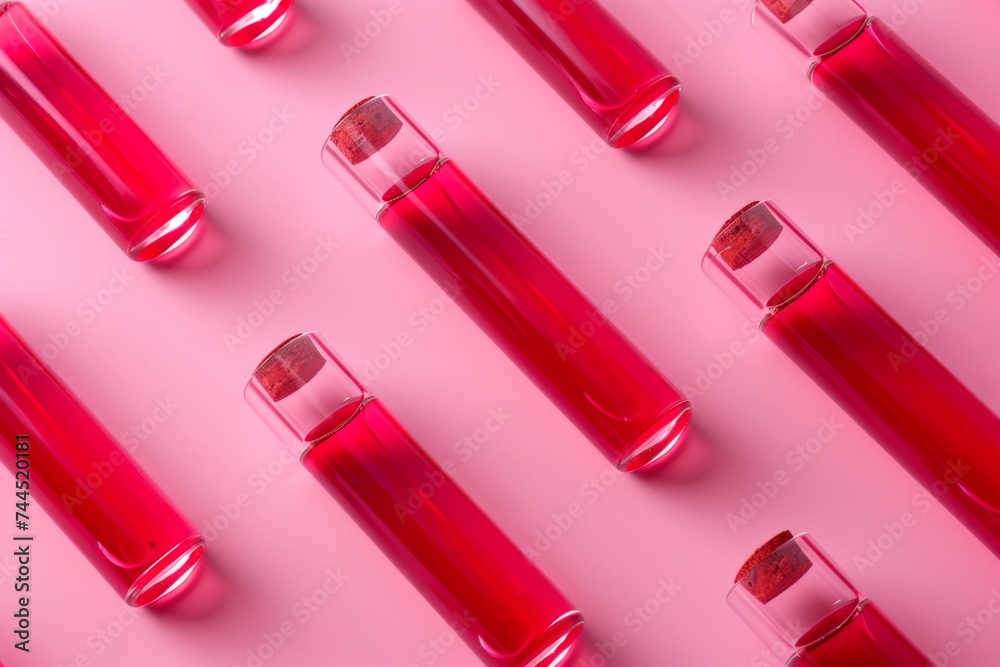 Assortment of red liquid bottles on pink background with central focus on one bottle Assortment of red liquid bottles on pink background with central focus on one bottle