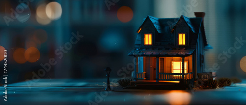 Miniature house model glowing warmly on a moody, bokeh light backdrop.