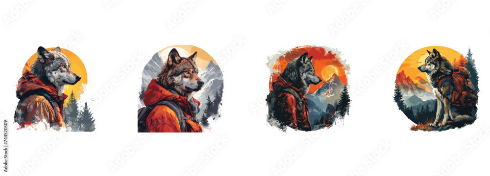 Wolf as a wilderness guide, adventure, exploration, nature expert, outdoor survival, leadership, trailblazer, animal character vector illustration set