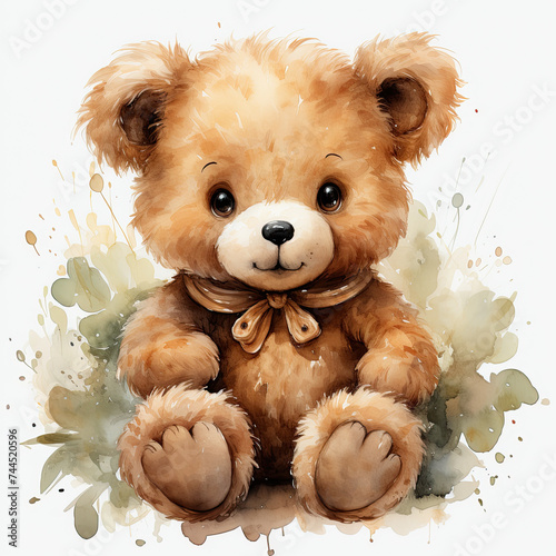 cute bear with cupcakes and flowers, watercolor illustration © Gajanana-Creation