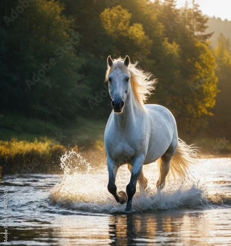 A white horse runs through the shallow waters of a fast and clear river. A lot of splashing from under the hooves. Foggy morning  sun rays through fog. Vibrant colors