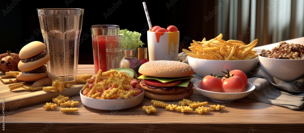 burger,fries and soda drinks on the table on a dark background burger,fries and soda drinks on the table on a dark background