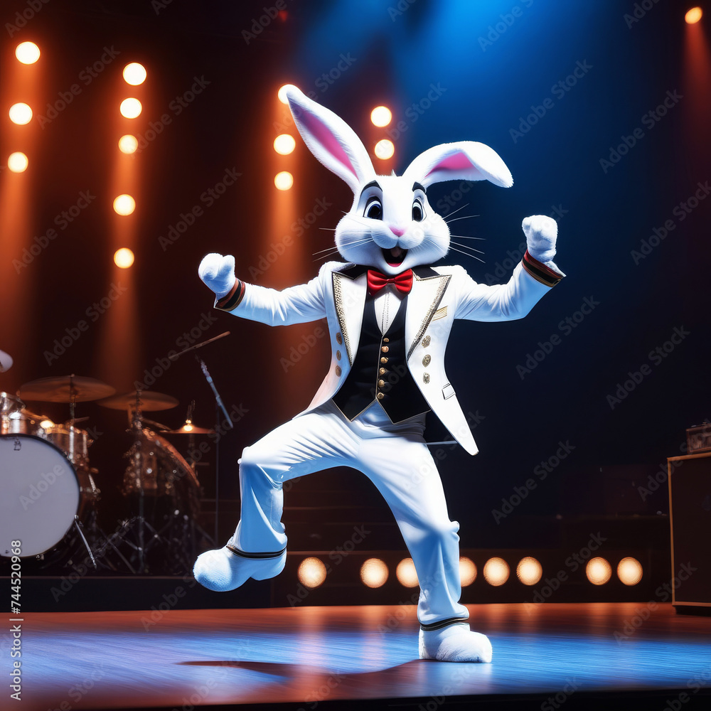 Bunny singer on stage. Rabbit artist make music performance on stage colorful dust background. 