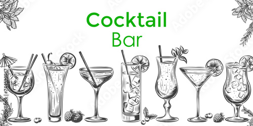 Vector design with hand drawn cocktails drinks illustration. Vintage beverages sketch background. Retro engraving template isolated on white. Margarita, mojito, pina colada, lime, ice.