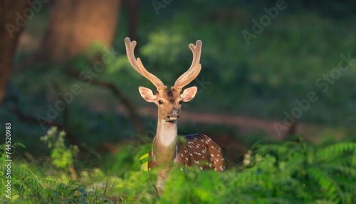 Chital or cheetal, Axis axis, spotted deers or axis deer in nature habitat. Bellow majestic powerful adult animals. © Ashlin Alexander