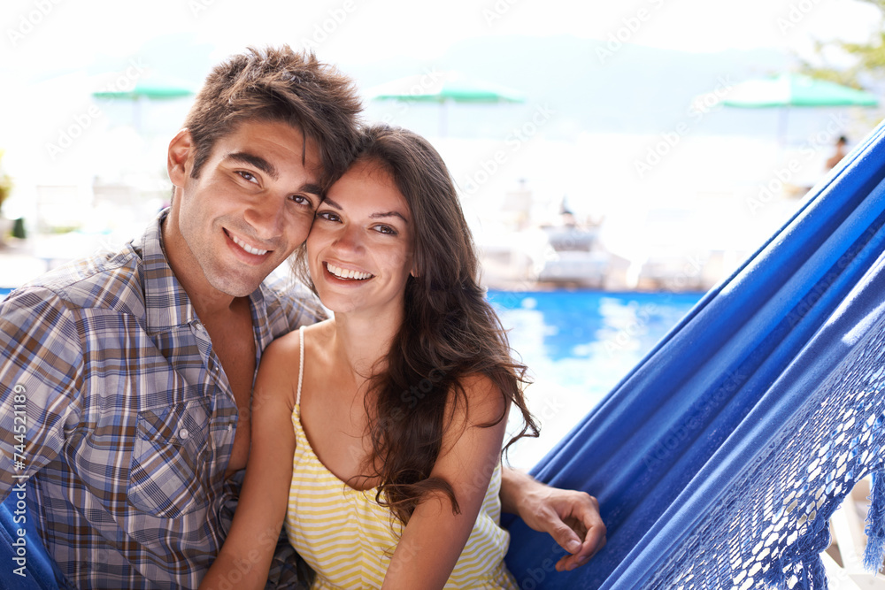 Couple, hammock and beach on holiday with smile for love, travel and vacation for honeymoon in Mauritius. Portrait, summer and happiness in relationship, bonding and care in outdoor for fun.
