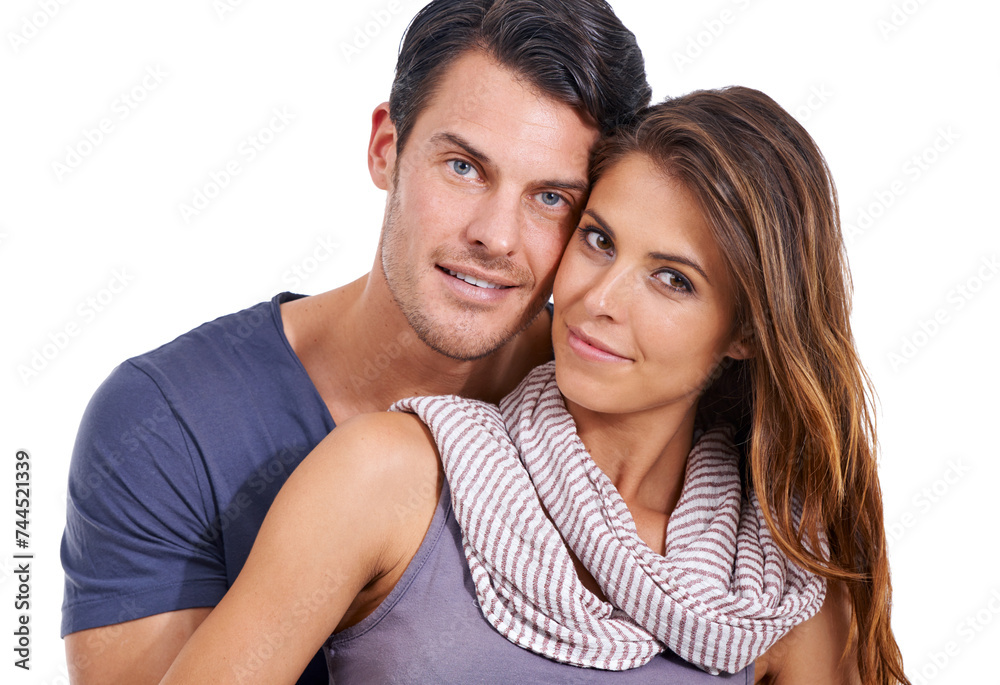 Couple, hug and portrait in studio with love for romance, bonding or honeymoon date with affection. Marriage, man and woman with embrace, care or smile for anniversary commitment on white background