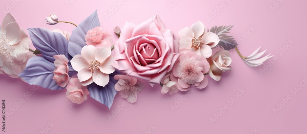 Pink roses and gypsophila flowers on a pink background