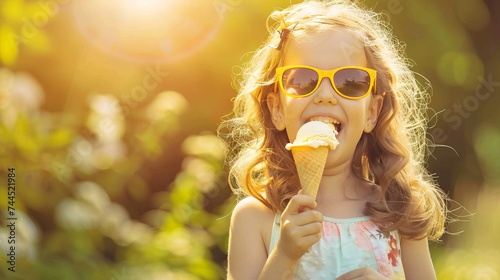 Girl with Sunglasses Enjoying Sunset Ice Cream in Park