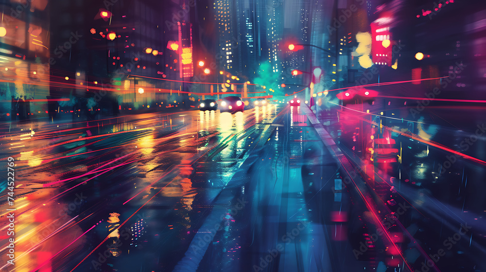 A modern city at night, where the car lights reflect on wet pavement, creating abstract, colorful lines
