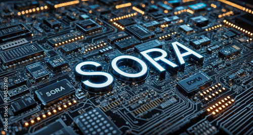 A close-up view of a computer circuit board with a neon light illuminating word 