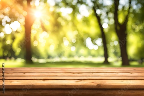 Empty wooden deck table over green meadow bokeh background for product montage display. Spring or summer season concept