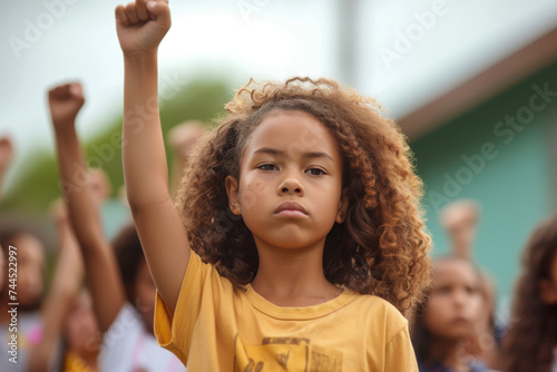 A young girl, standing in front of a school, leading her peers in a rally for educational reform, full of conviction and hope.