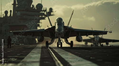 Fighter jet are taking off from the aircraft carrier