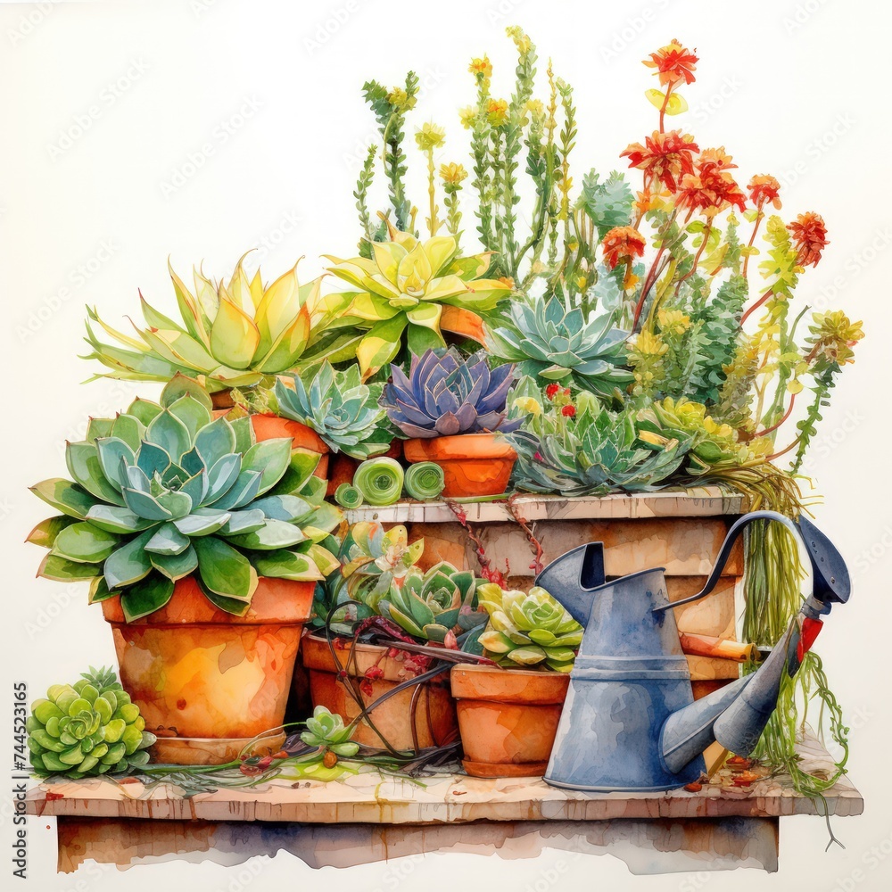 Illustration of a garden scene with various gardening equipment, flower pots, and blooming flowers