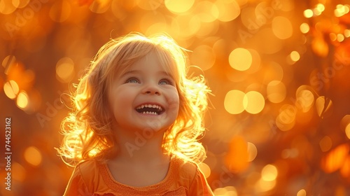 Happy little girl smiling against bright orange background with autumn leaves in background