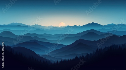Illustration of a beautiful dark blue mountain landscape with fog and forest  capturing sunrise and sunset in the mountains
