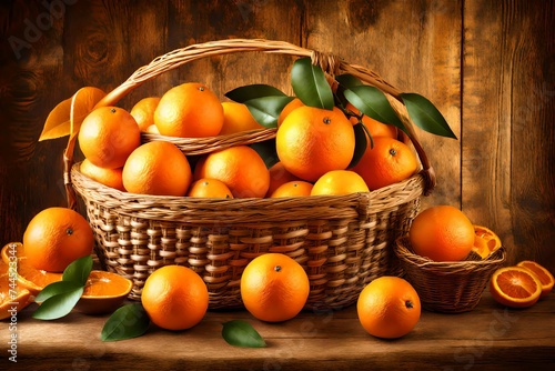 Art vintage background with oranges in e wicket basket on wooden board
