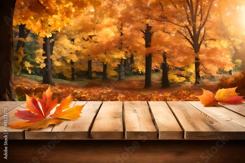 Autumn theme and empty wooden deck table. Ready for product montage display
