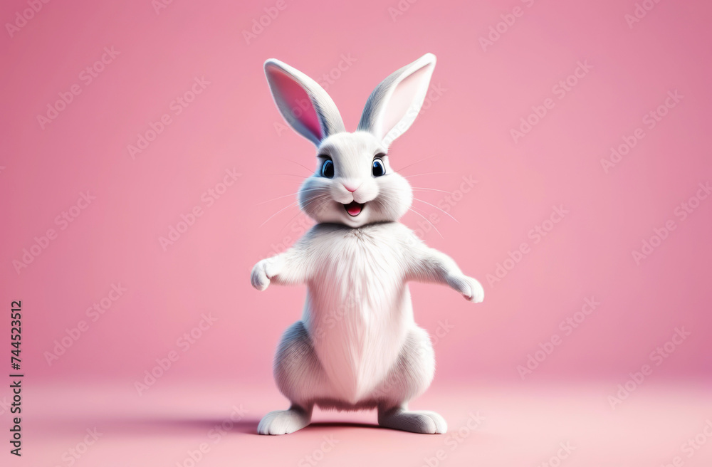 Obraz premium Cartoon cute bunny dancing on pink background with copy space. Happy easter banner