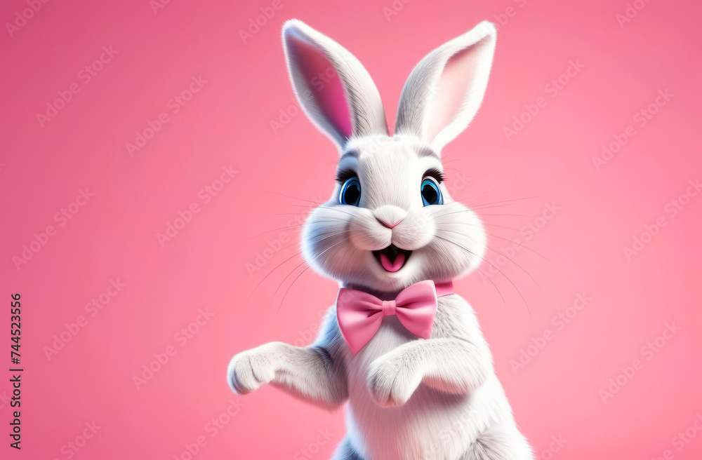 Obraz premium Cartoon cute bunny dancing on pink background with copy space. Happy easter