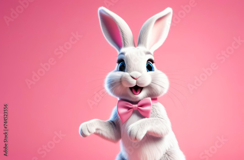 Cartoon cute bunny dancing on pink background with copy space. Happy easter