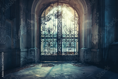 Gothic wrought iron gate with intricate patterns, guarding the entrance to a mysterious realm. photo