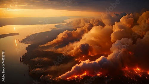 Massive plume of smoke billowing up from a large expanse of water, creating a striking visual contrast against the horizon photo