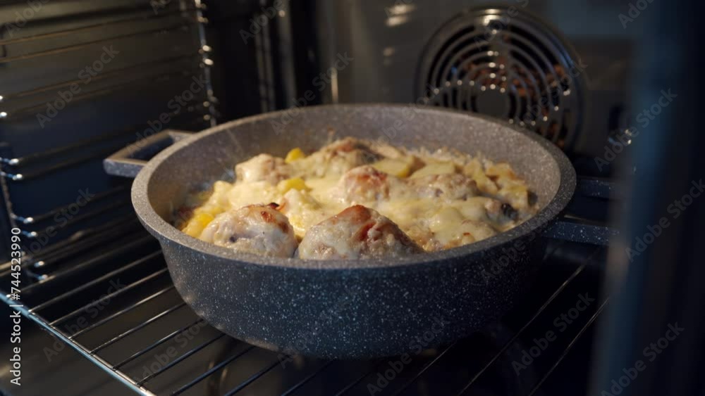 chicken legs with potatoes and cheese baking in the oven in the kitchen chicken legs with potatoes and cheese baking in the oven in the kitchen
