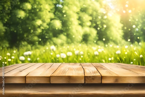 Empty wooden deck table over green meadow bokeh background for product montage display. Spring or summer season concept